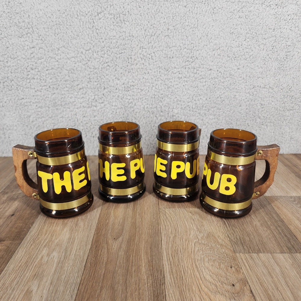 VTG The Pub Beer Stein Mug Set of 4 Novelty Barware Glass Tankard Wooden‎ Handle